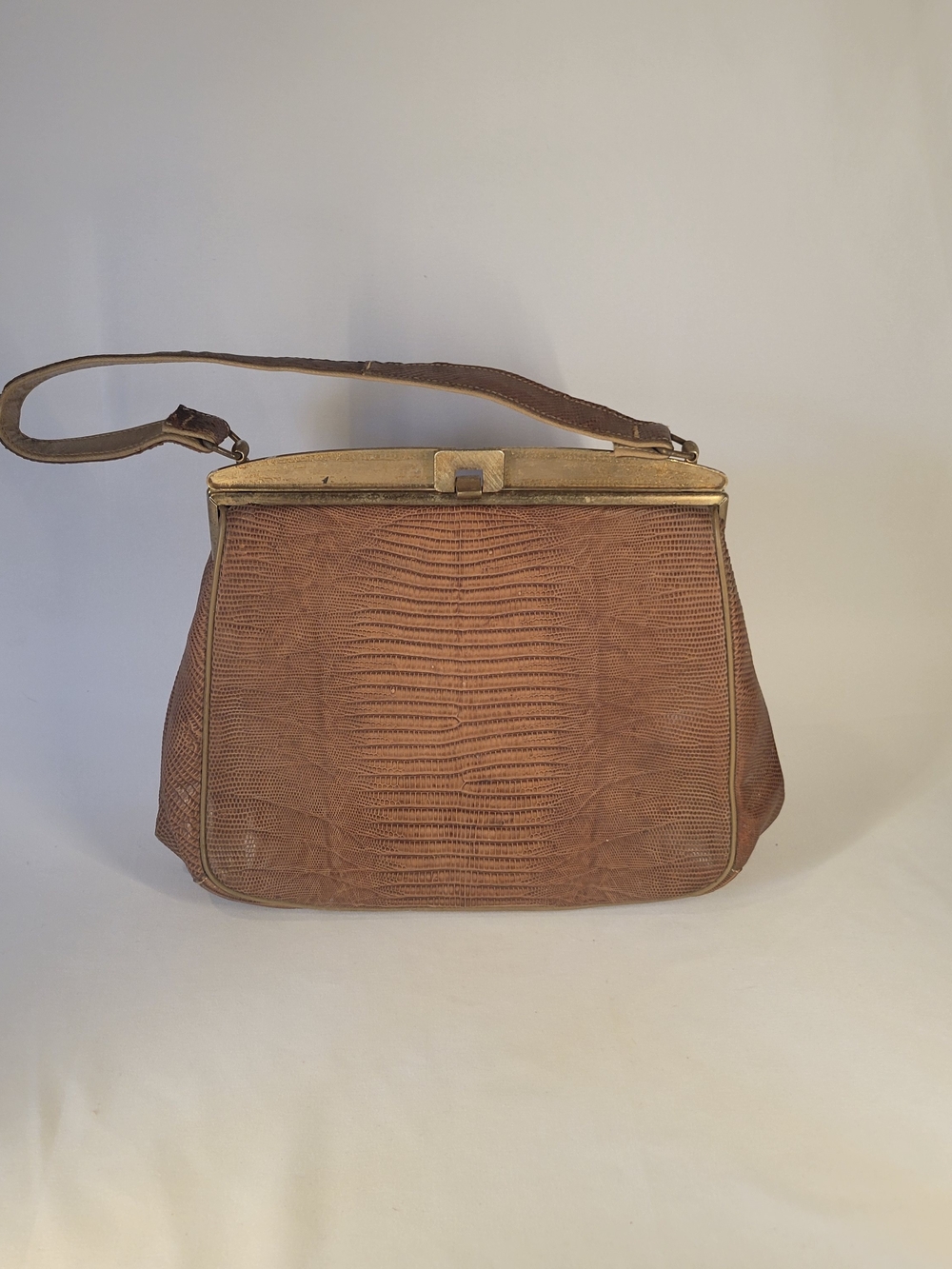 Vintage 1950s Brown Lizard reptile Leather Satchel Clasp Evening Bag